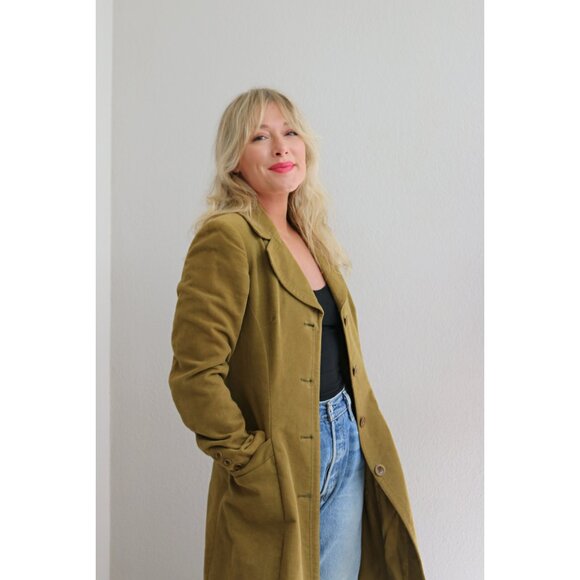 1990's Vintage Bebe Velvet Poet Jacket Olive Green Women's Extra Small to Small - Picture 8 of 9